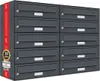 A wall of dark gray mailboxes with a red stripe on the left side containing text and logos, and a yellow circular badge with text. Produktbild-Vorschau