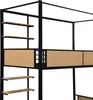 A close-up view of a bunk bed frame with shelves and wooden panels. Podgląd zdjęcia produktu