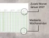 A close-up view of a calendar planner with annotations and callouts. Produktbild-Vorschau