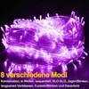A tangled bundle of purple LED string lights against a black background, with text describing the product's features. Produktbild-Vorschau