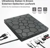 A product image showing an external optical drive with various ports and cables, along with marketing text and icons. Produktbild-Vorschau