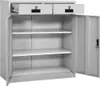 An open grey metal filing cabinet with shelves and drawers. Produktbild-Vorschau
