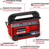 A red and black Einhell hybrid compressor with various features highlighted by text labels and lines. Voir les images du produit