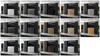 A collage of different color and material variations of a modern, handle-less dresser with 8 drawers, shown in a room setting with a television and plants. Produktbild-Vorschau