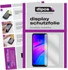 Instructions for applying a screen protector to a smartphone, alongside a product shot of the screen protector and a smartphone. Produktbild-Vorschau