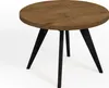 A round wooden table with black legs on a white background. Produktbild-Vorschau