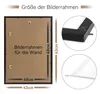 The image shows the back of a picture frame with dimensions and close-ups of the frame's construction. Produktbild-Vorschau