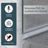 A close-up of a shower door seal attached to a glass shower door, with water droplets on the glass and floor. A dark teal sidebar on the left contains icons and text describing product features. Produktbild-Vorschau