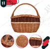 A woven basket with a handle, presented against a blueprint-style background of a house. Three close-up circular insets show details of the basket's construction. Produktbild-Vorschau
