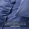 Close-up of blue bedding with text overlay. Produktbild-Vorschau