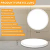 A product presentation of a round LED ceiling light with its specifications listed. Voir les images du produit