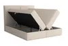 A beige upholstered bed frame with the storage compartment open, revealing the interior and lifting mechanism. Produktbild-Vorschau