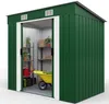 A green metal garden shed with sliding doors, showing storage shelves inside with gardening tools and plants. Produktbild-Vorschau