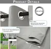 Collage of images showing details of a gray outdoor curtain, including grommets, rod pocket, and fabric texture. Náhled obrázku produktu