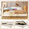 A collage of images showing a white upholstered bed with LED lighting, including a view of the bed with bedding, and two detail shots showing storage options. Produktbild-Vorschau