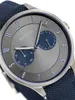 Close-up of a Bering men's watch with a gray dial and blue sub-dials, showing the brand name and titanium material. Produktbild-Vorschau