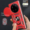 A hand is holding a red phone case with a ring holder and a camera lens cover. Produktbild-Vorschau