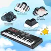 A marketing image showcasing a children's keyboard with various features highlighted by cloud-shaped callouts. Náhled obrázku produktu