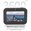 A digital camera with a city skyline displayed on its screen, with text indicating its battery capacity and charging methods. Podgląd zdjęcia produktu