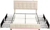 A cream-colored bed frame with a tufted headboard and pink LED lighting, shown with its drawers pulled out. Anteprima dell’immagine prodotto