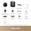 A collage of various accessories and components for a robot vacuum cleaner, along with the robot and its base station. Produktbild-Vorschau