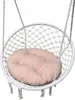 A close-up studio shot of a round, white macrame hanging chair with a pink cushion. Produktbild-Vorschau