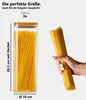 Hohes Glas-Aufbewahrungsglas mit Holzdeckel, gefüllt mit Spaghetti, neben einer Hand, die ein Bündel Spaghetti hält, mit Maßen Produktbild-Vorschau