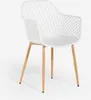 A white modern armchair with wooden legs against a white background. Produktbild-Vorschau