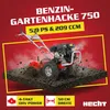 A rototiller is shown in action, tilling soil, with promotional text and logos. Produktbild-Vorschau