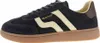 A side view of a navy blue sneaker with cream stripes and a brown sole. Anteprima dell’immagine prodotto