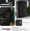Collage showing different views and details of a black filing cabinet, including keys, drawers with office supplies, and a close-up of a lock. Náhled obrázku produktu