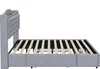 A side view of a gray upholstered bed frame with a wooden headboard detail, showing the slatted mattress support. Produktbild-Vorschau