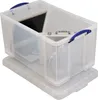 A clear plastic storage box with blue handles, containing a laptop and a briefcase. Anteprima dell’immagine prodotto