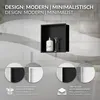 A dark square niche installed in a tiled wall, containing a bottle of soap and a razor. Below, two circular insets show close-ups of different finishes of the niche and text overlays describe its features. Voir les images du produit