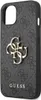 A close-up, angled view of a gray iPhone 14 case with a repeating pattern and a prominent gold Guess logo. Podgląd zdjęcia produktu