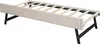 A beige upholstered bed frame with wooden slats and black metal legs, shown from a diagonal angle against a white background. Náhled obrázku produktu