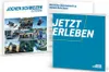 A collage of images showing various adventure activities and a folded brochure with the text "JETZT ERLEBEN" on the front. Produktbild-Vorschau
