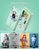 A mint green digital camera is shown with a child's photo on its screen, alongside four smaller images showcasing different filter effects applied to children. Produktbild-Vorschau