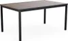 A rectangular dining table with a brown wood-grain tabletop and black metal legs, shown from a slightly elevated front-side angle against a white background. Anteprima dell’immagine prodotto