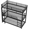 A black metal triple bunk bed with a ladder on the side, shown from a diagonal angle against a white background. Produktbild-Vorschau