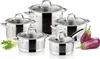 A set of stainless steel pots and pans with glass lids, arranged on a white background with some vegetables. Náhled obrázku produktu
