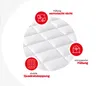 Close-up view of a white quilted comforter or pillow with icons and text highlighting its features. Produktbild-Vorschau