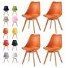 A collection of chairs in various colors displayed in a grid, with four orange chairs prominently featured in the foreground.