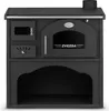 A black kitchen stove with a glass oven door and a chimney. Produktbild-Vorschau