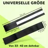 Two black reflective bands are shown with measurements and text indicating universal size and stretchability. Anteprima dell’immagine prodotto