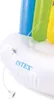 A close-up view of a white inflatable product with a blue logo and colored inflatable tubes in the background. Produktbild-Vorschau