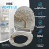A toilet seat with a decorative tree of life design, presented with marketing text highlighting its benefits. Produktbild-Vorschau