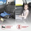 A split image showing a car seat protector with a child car seat on the left and a child sitting in a car seat on the right. Produktbild-Vorschau