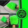 A collage of images showing a green chenille wash mitt being used to clean a white car, alongside a circular graphic icon related to cleaning. Podgląd zdjęcia produktu