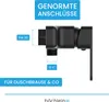 Diagram showing dimensions and connection types of a black shower valve. Produktbild-Vorschau